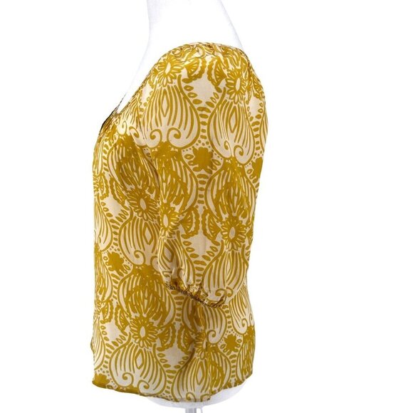Anthropologie Edme & Esyllte EUC Green & Cream Silk Blouse W/ Floral Embellishme - Picture 3 of 8